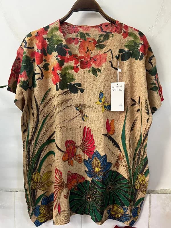 Vintage Tropical Floral Short-Sleeve Loose-Fit Knit Top