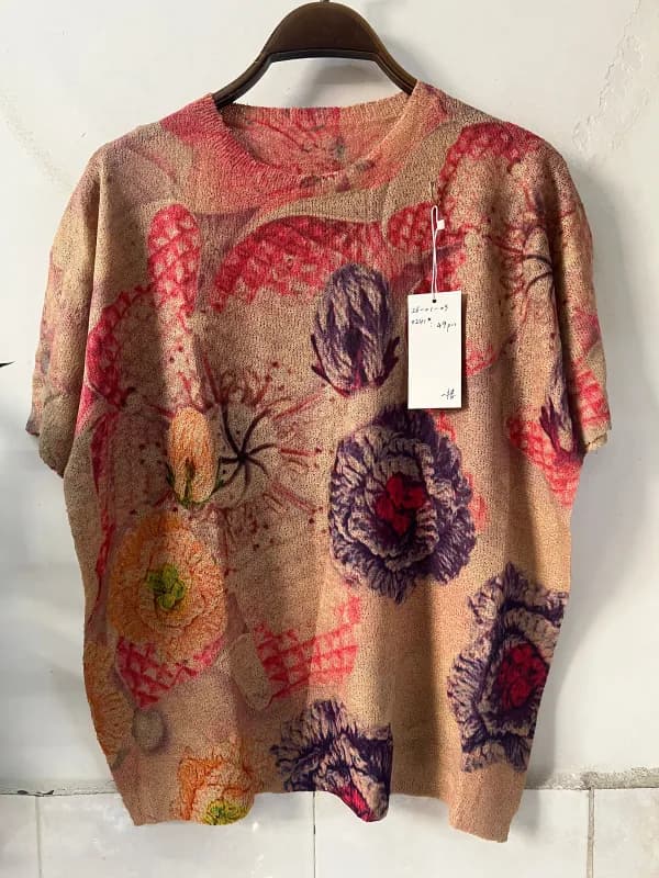 Vintage Peony Floral Short-Sleeve Loose-Fit Knit Top
