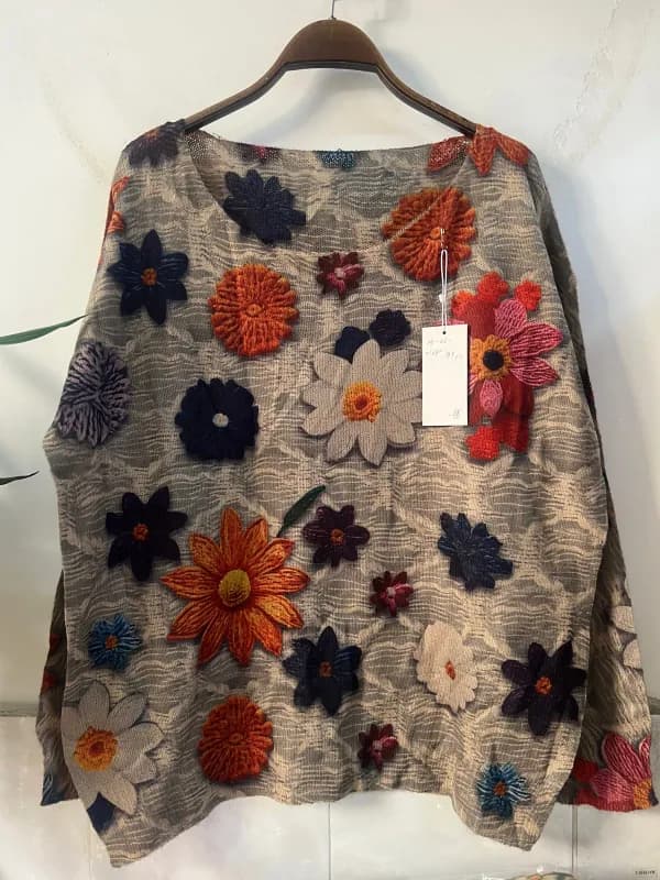 Vintage Earth-Tone Floral Print Loose-Fit Knit Top