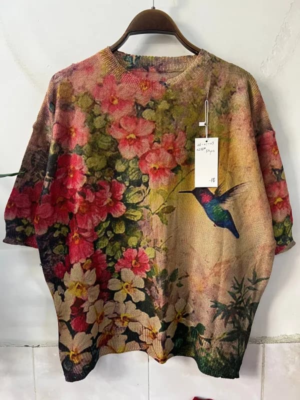 Vintage Flower Bird Large Floral Short-Sleeve Loose-Fit Knit Top