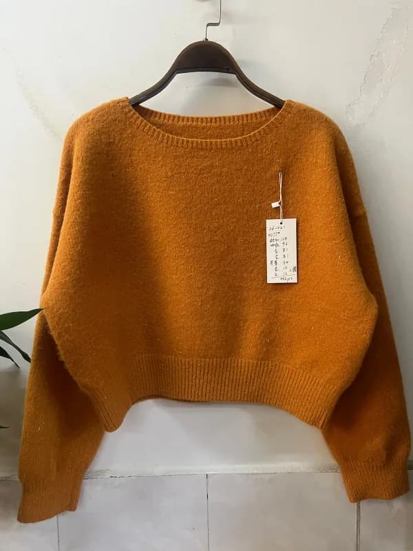 Orange Cropped Crew-Neck Loose-Fit Knit Pullover