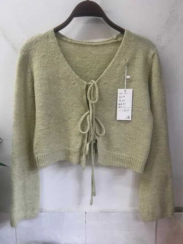 Cream Yellow Tie V-Neck Cropped Knit Cardigan Jacket