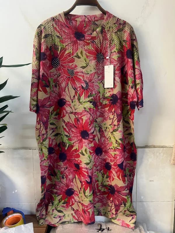 Large Bright-Red Floral Short-Sleeve Loose-Fit Knit Top