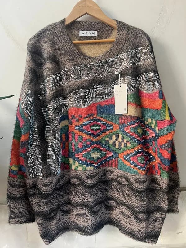 Ethnic Melange Geometric Jacquard Pullover Knit Sweater