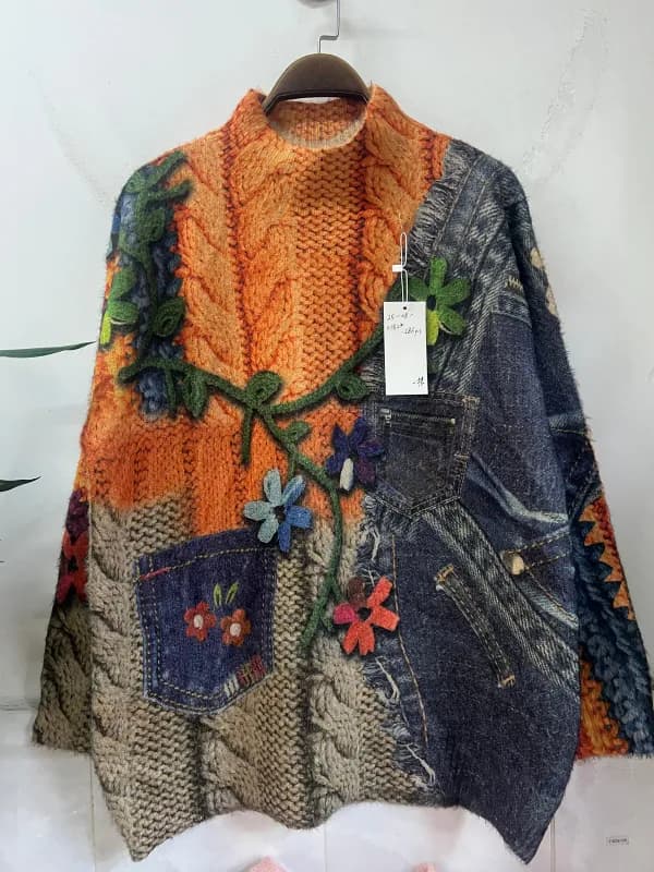 Color-Block Oil-Painting Floral Vintage Pullover Knit Top