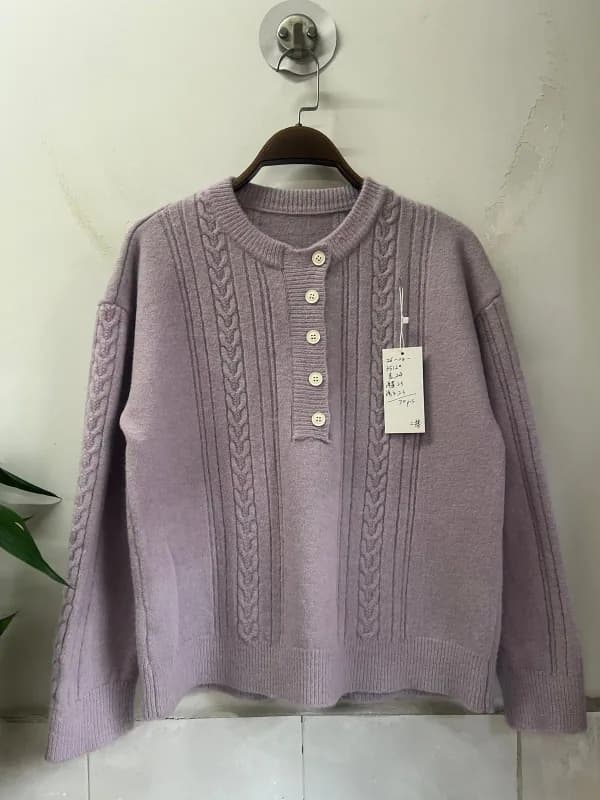 Taro Purple Cable-Knit V-Neck Button Knit Cardigan