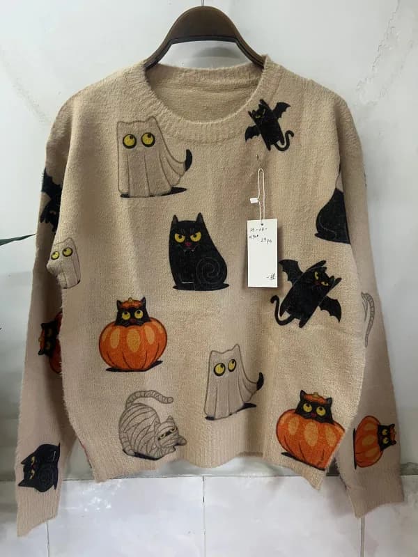 Cartoon Cat Pumpkin Fun Print Loose-Fit Sweater