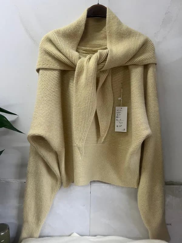Cream Yellow Big Collar Tie Loose-Fit Knit Pullover