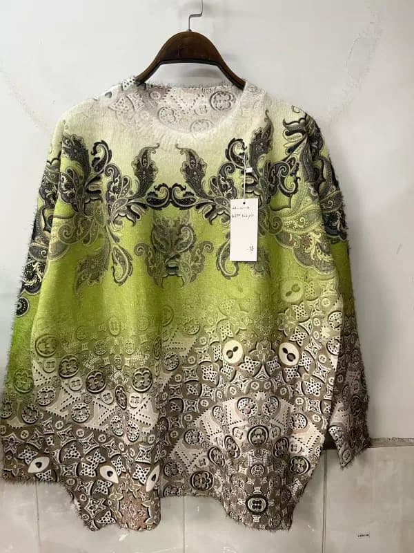 Green-Tone Vintage Botanical Print Loose-Fit Knit Sweater