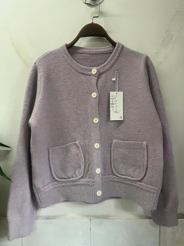 Taro Purple Double-Pocket Crew-Neck Button Knit Cardigan