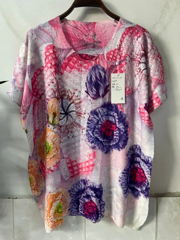 Purple Blue Large Floral Short-Sleeve Loose-Fit Knit Tee