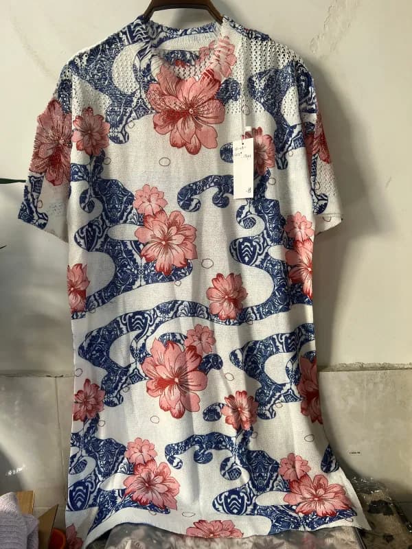 Pink-Tone Large Floral Short-Sleeve Loose-Fit Knit Tee