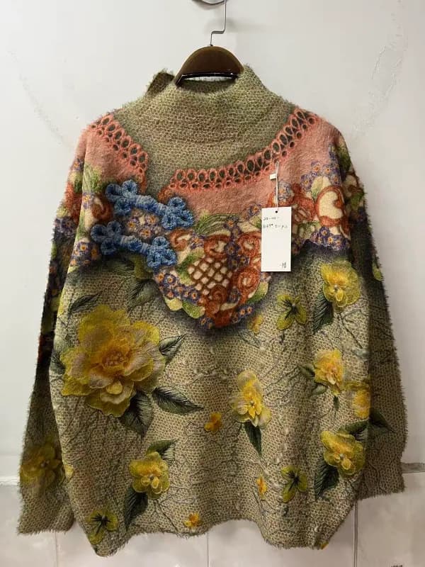 Oil-Painting Floral High-Neck Vintage Loose-Fit Knit Sweater