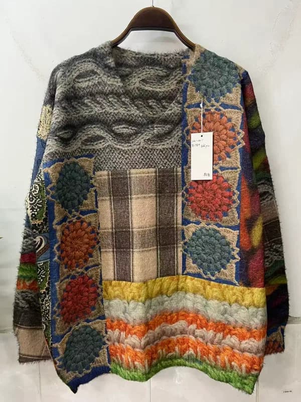 Patchwork Plaid Vintage Jacquard Loose-Fit Knit Sweater