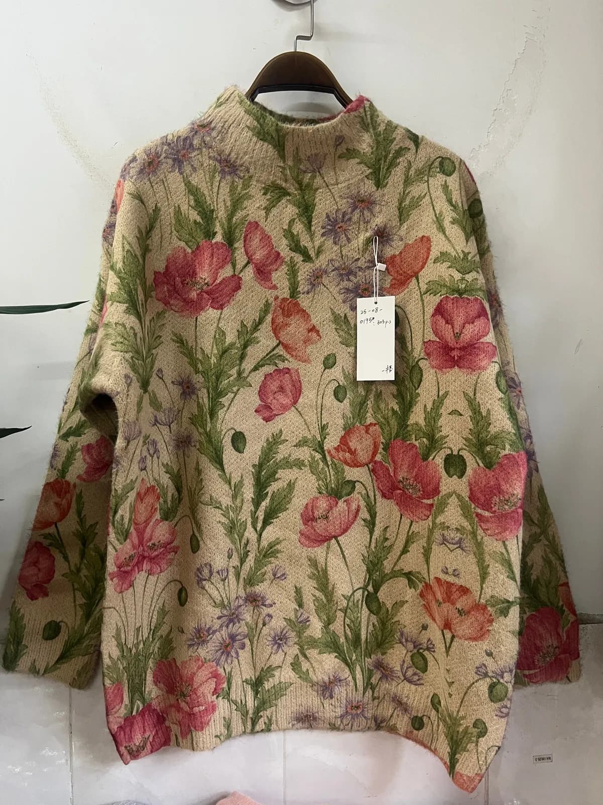 Light Green Vintage Peony Print High-Neck Knit Sweater