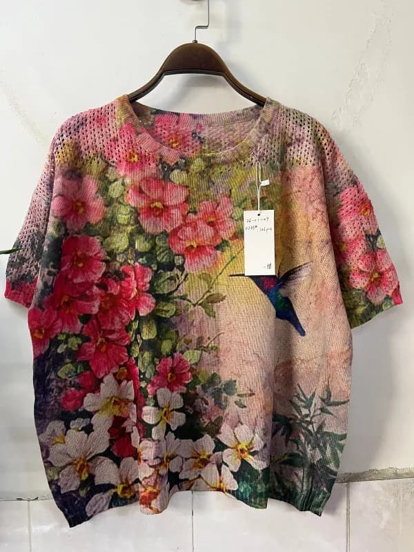 Vintage Red-Tone Floral Short-Sleeve Loose-Fit Knit Tee