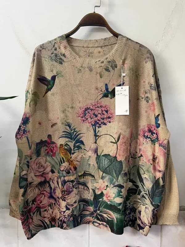 Vintage Botanical Floral Short-Sleeve Loose-Fit Knit Top