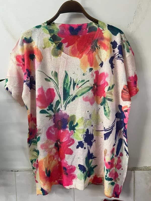 Multicolor Large Floral Short-Sleeve Loose-Fit Knit Tee
