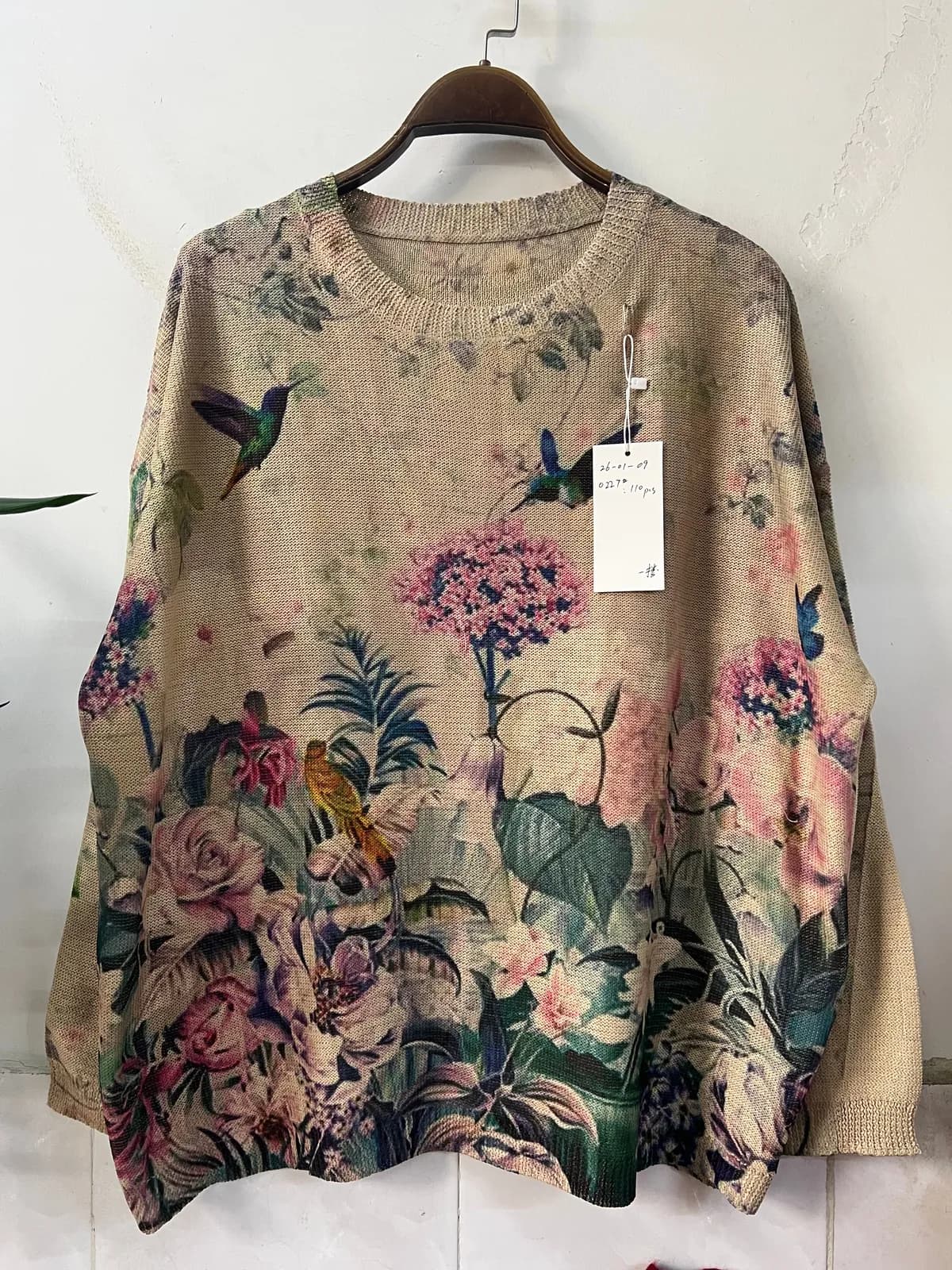 Vintage Botanical Floral Short-Sleeve Loose-Fit Knit Top