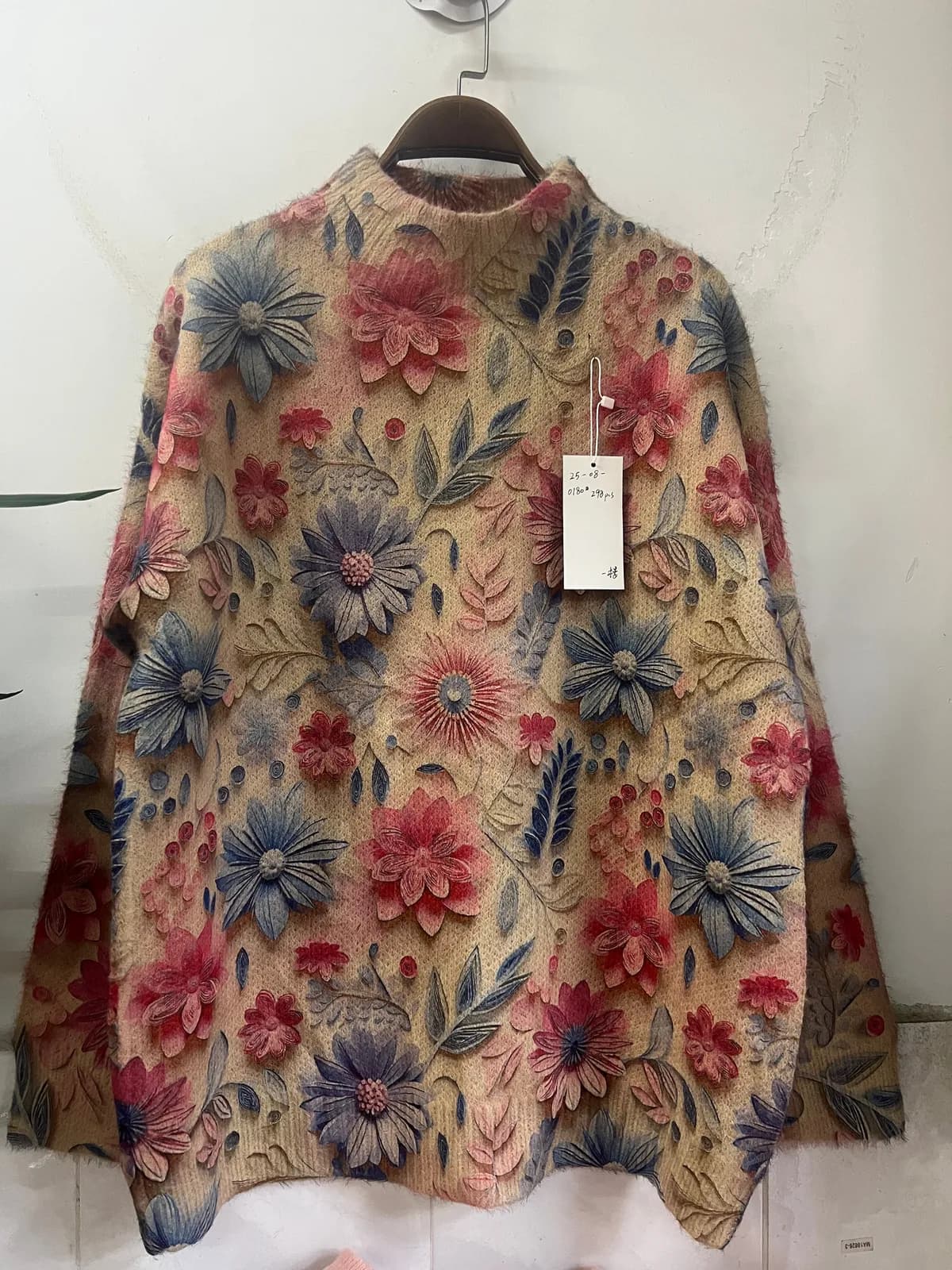 Dark Red Vintage Large Floral High-Neck Loose-Fit Knit Sweater