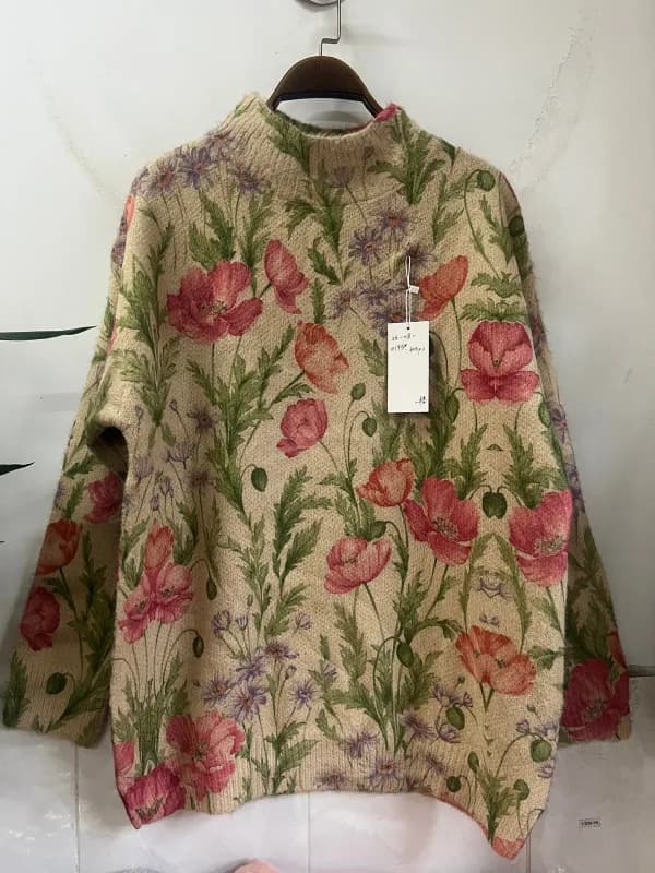 Light Green Vintage Peony Print High-Neck Knit Sweater