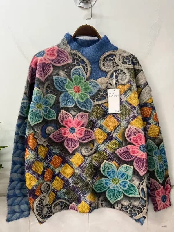 多彩撞色花卉印花宽松针织毛衣